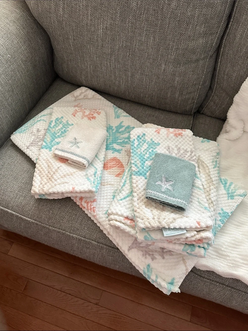 Coastal Starfish Waffle-Weave Bath Towels - Seafoam & Coral